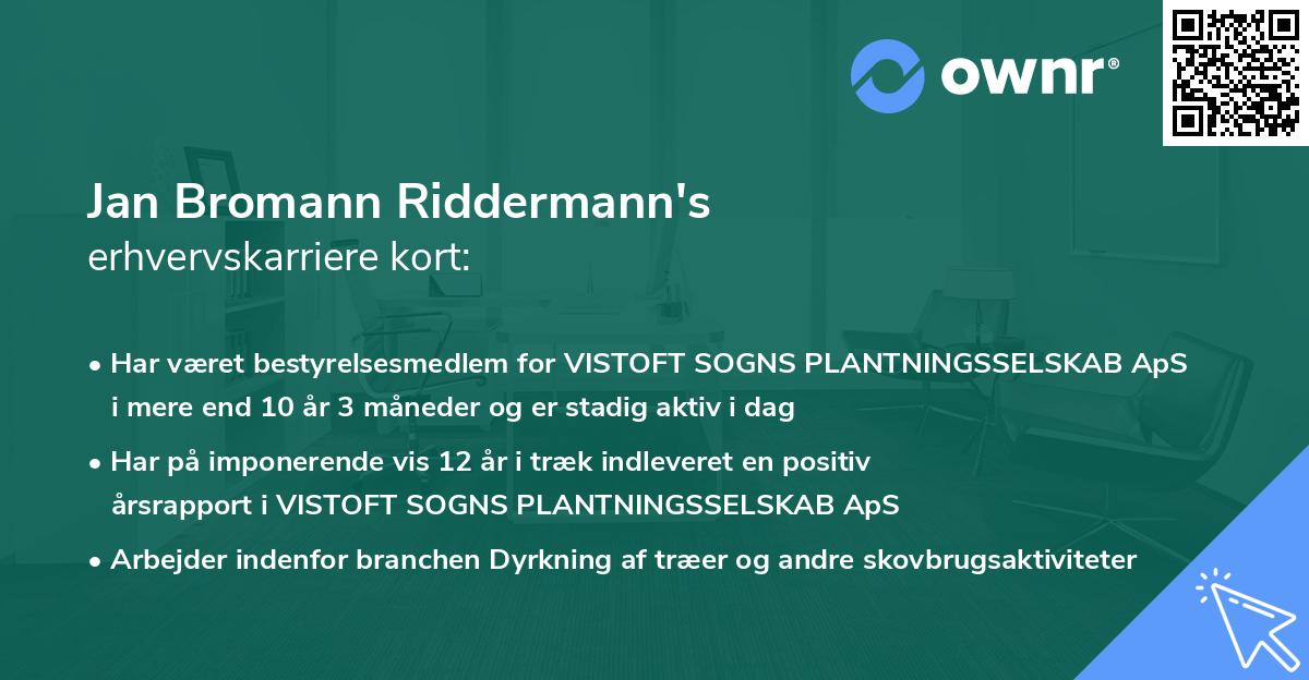 Jan Bromann Riddermann's erhvervskarriere kort