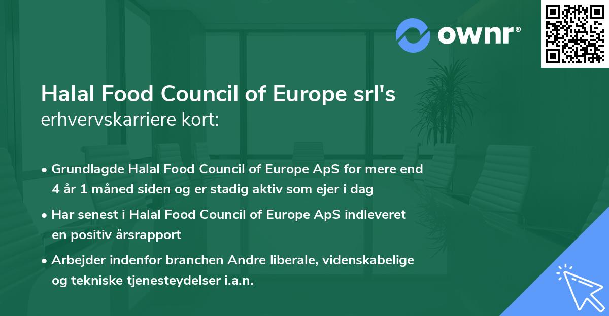 Halal Food Council of Europe srl's erhvervskarriere kort