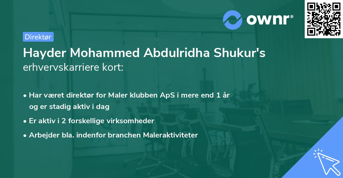 Hayder Mohammed Abdulridha Shukur's erhvervskarriere kort