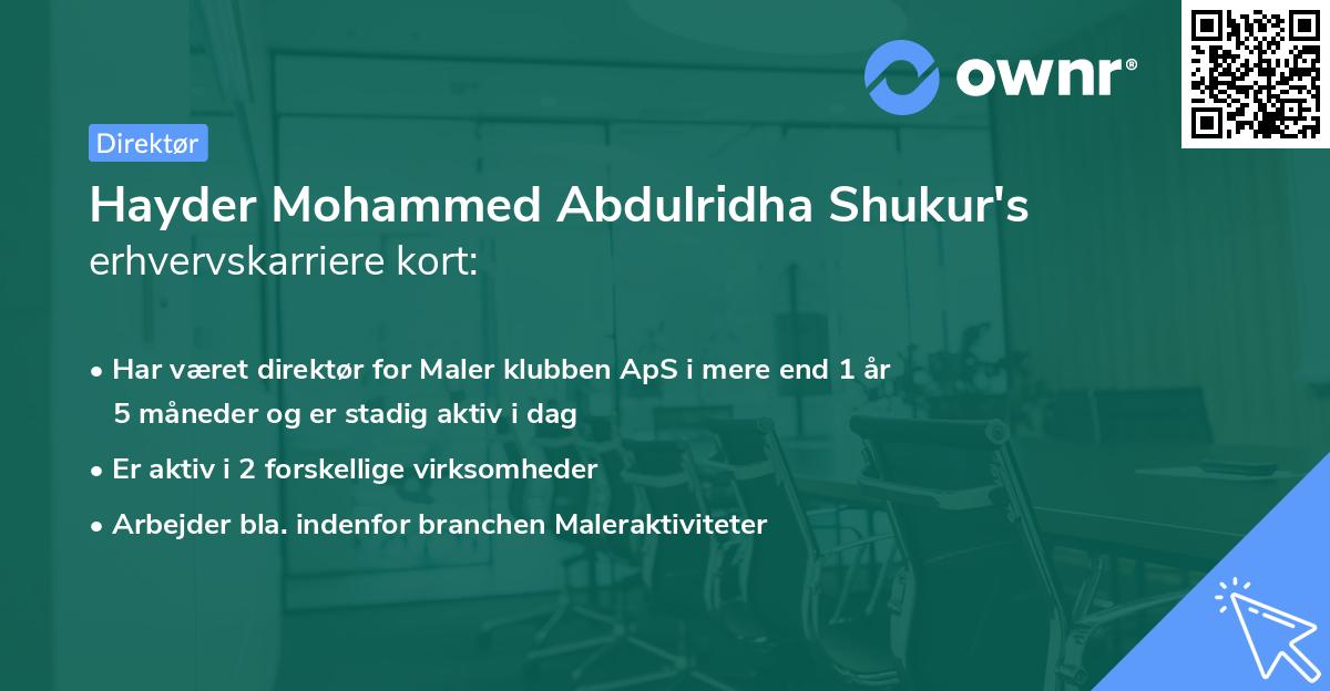 Hayder Mohammed Abdulridha Shukur's erhvervskarriere kort