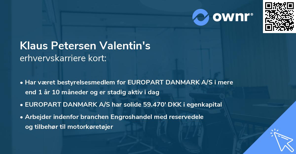 Klaus Petersen Valentin's erhvervskarriere kort