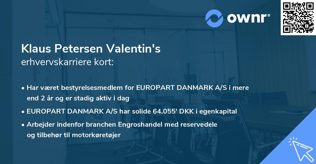 Klaus Petersen Valentin's erhvervskarriere kort