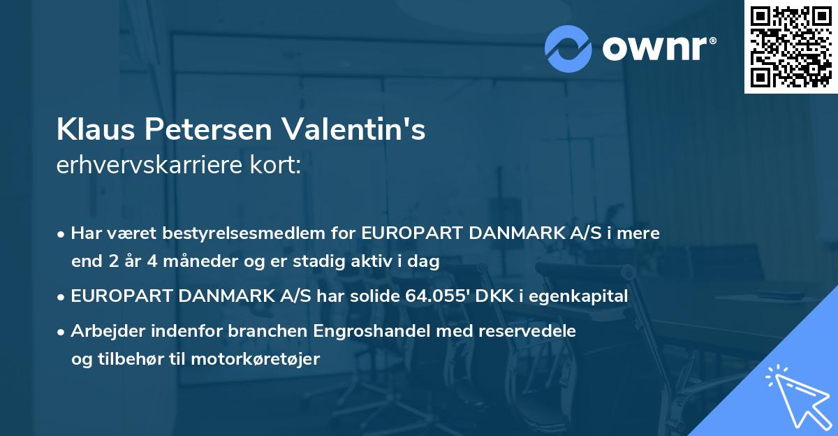 Klaus Petersen Valentin's erhvervskarriere kort