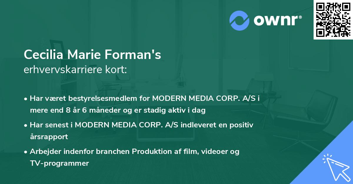 Cecilia Marie Forman's erhvervskarriere kort