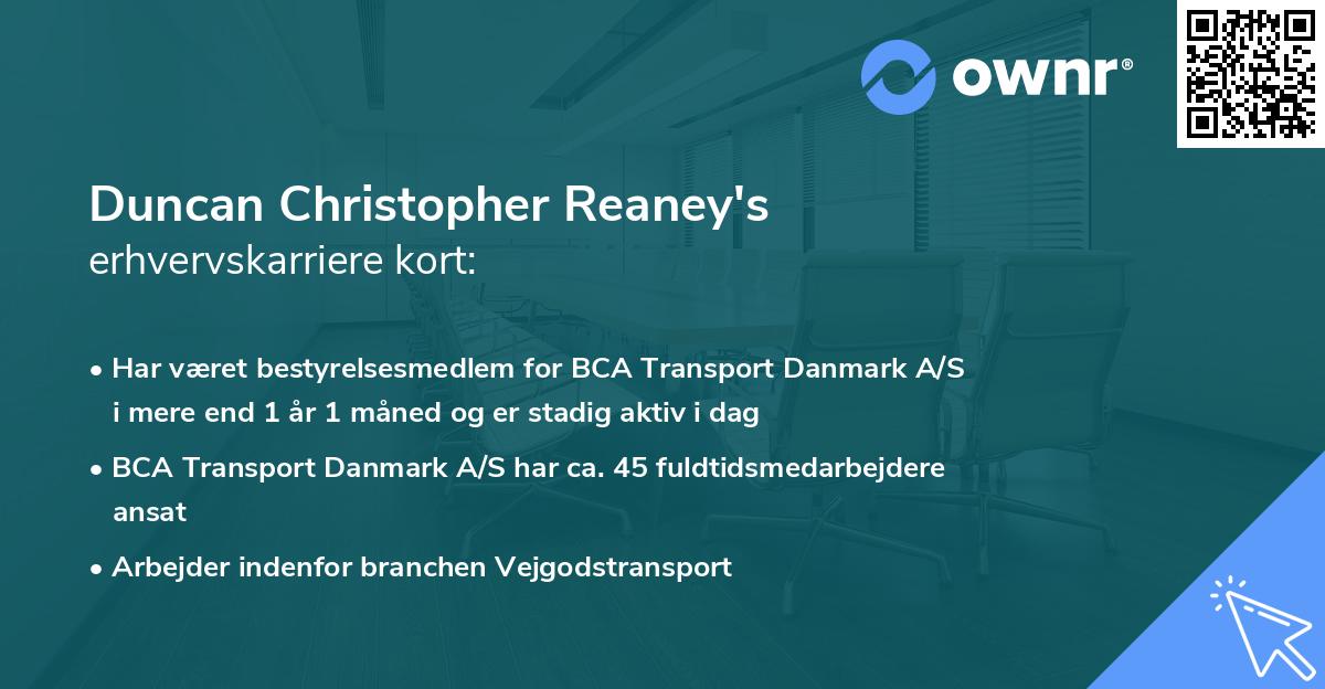 Duncan Christopher Reaney's erhvervskarriere kort