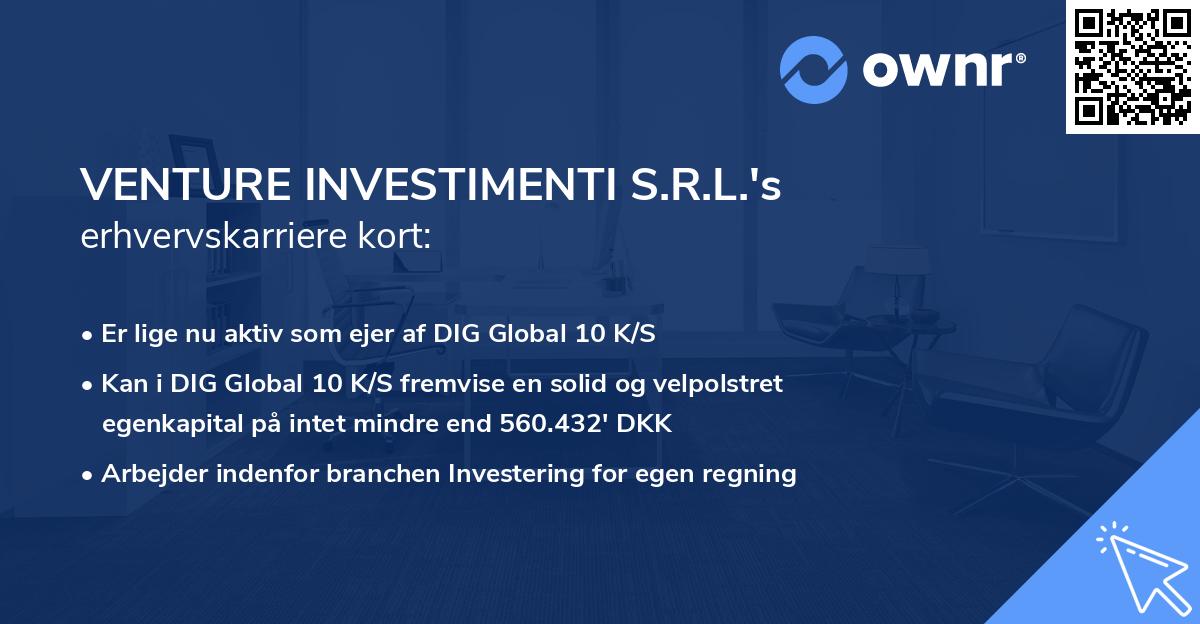 VENTURE INVESTIMENTI S.R.L.'s erhvervskarriere kort