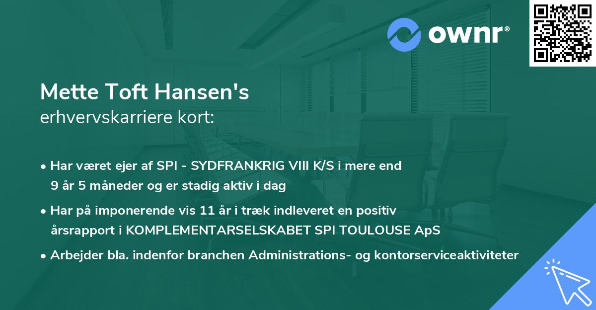 Mette Toft Hansen's erhvervskarriere kort