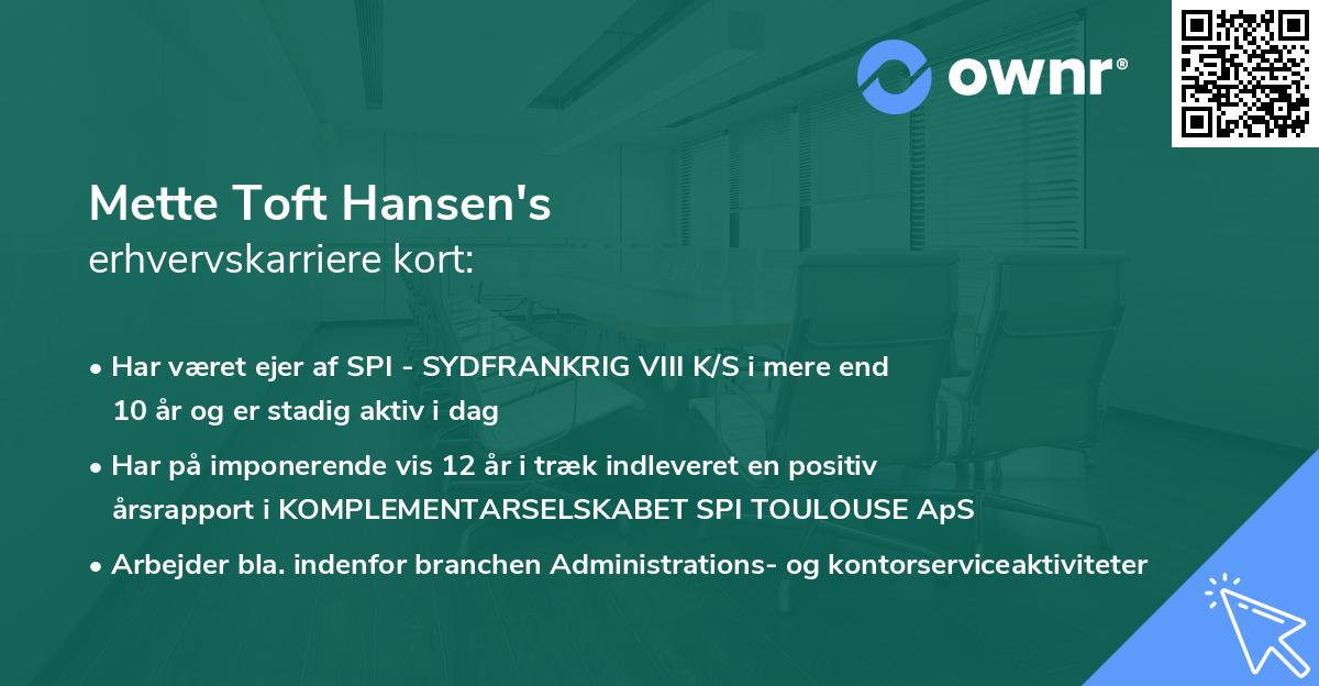 Mette Toft Hansen's erhvervskarriere kort